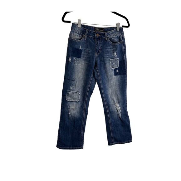 Cato Premium Med Wash Mid Rise Distressed Patchwork Crop Jeans Womens Size 6 - Picture 1 of 10